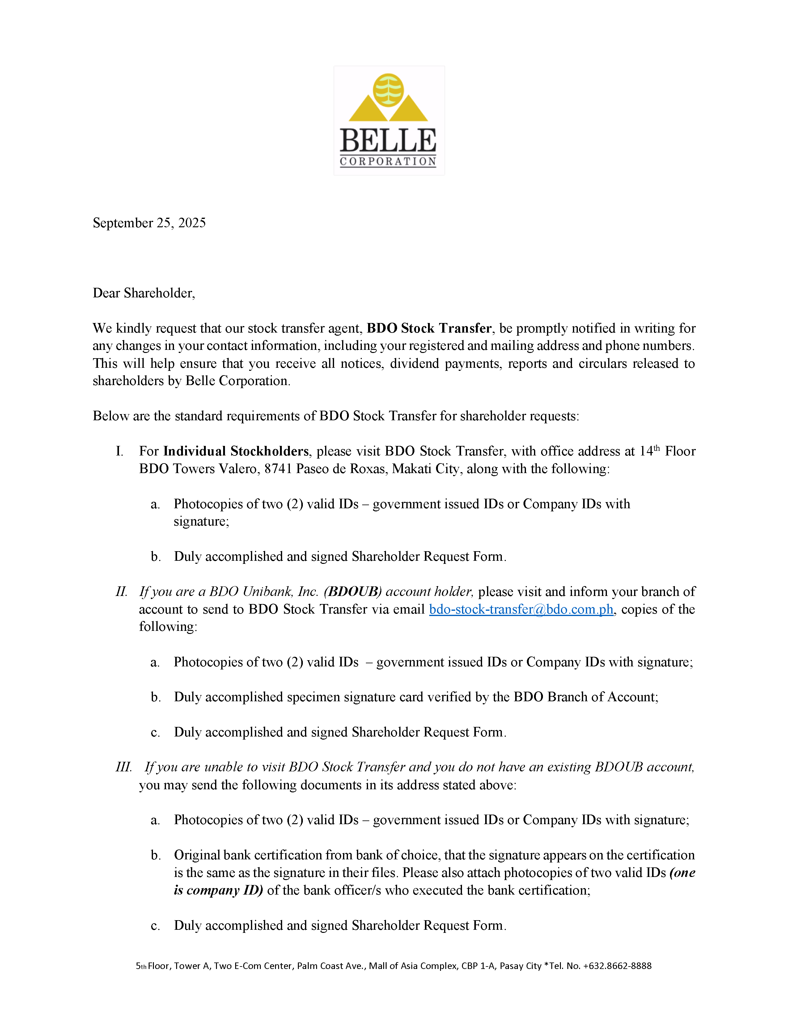 Notice to Belle Shareholders
